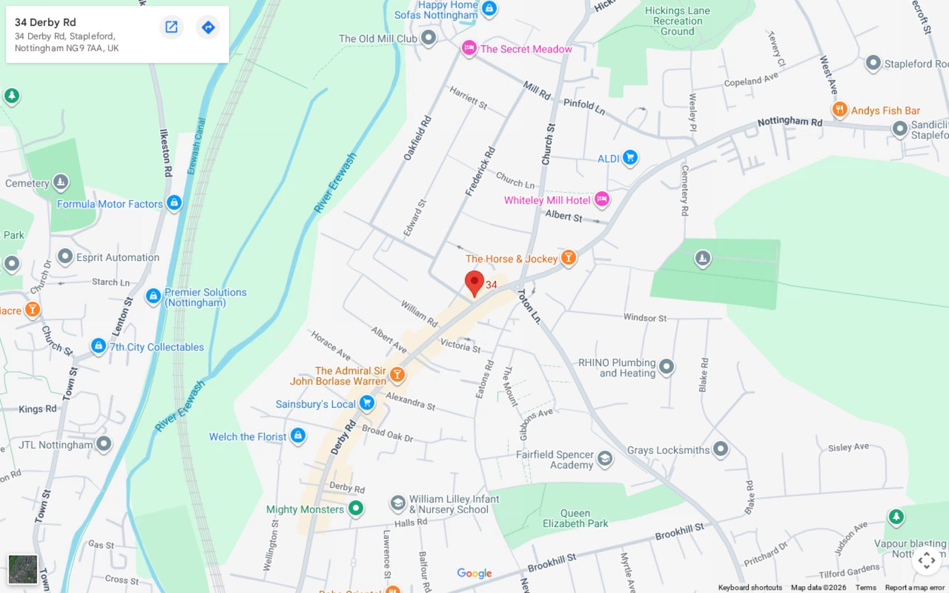 Map showing Mobile Hub at 34 Derby Road, Stapleford NG9 7AA